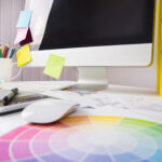 Modern,Office,Workplace,With,Digital,Tablet,,Notepad,,Colorful,Pencils,,Glasses,